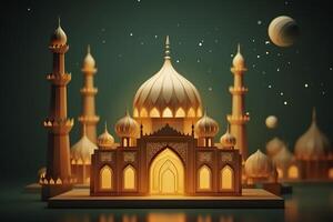 ilustração do eid Mubarak noite com luz do uma lâmpada, papel estilo, luxo feliz eid fundo, ai generativo foto