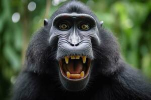 celebridades com crista macaque com aberto boca. fechar acima em a verde natural fundo. generativo ai foto