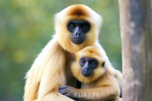 fechar imagem do bochecha gibão macaco mãe com uma criança dentro a floresta. generativo ai foto