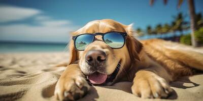 dourado retriever cachorro é em verão período de férias às beira-mar recorrer e relaxante descansar em verão de praia do Havaí. ai generativo foto