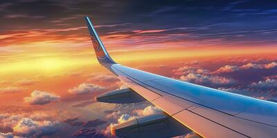 avião avião asa às pôr do sol Tempo através nuvens, ai generativo foto