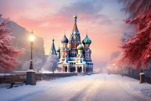 st. manjericão catedral em vermelho quadrado dentro Moscou, Rússia, Moscou, Rússia, vermelho quadrado, Visão do st. manjericão catedral, russo inverno, ai gerado foto