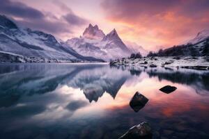 matterhorn às nascer do sol com reflexão dentro lago zermatt, Suíça, montanha lago com perfeito reflexão às nascer do sol. lindo panorama com roxa céu, Nevado montanhas, colinas, ai gerado foto