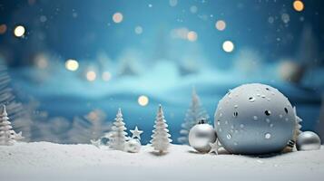 azul Natal fundo com bolas em neve. ai gerado. foto