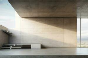 minimalista concreto interior com escadas e luz do dia. 3d Renderização, moderno arquitetura com esvaziar concreto parede, ai gerado foto