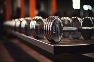 halteres dentro uma ginástica sala. seletivo foco, metal halteres deitado em a Academia ginástica clube, ai gerado foto