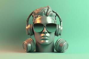 mínimo cena do oculos de sol e fones de ouvido em humano cabeça escultura, música conceito, 3d Renderização. ai generativo foto