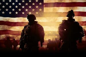silhuetas do soldados em a fundo do a americano bandeira, militares soldado silhuetas contra a americano bandeira, ai gerado foto