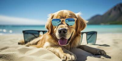 dourado retriever cachorro é em verão período de férias às beira-mar recorrer e relaxante descansar em verão de praia do Havaí. ai generativo foto