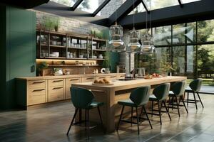 moderno cozinha decorado madeira e verde tema ai gerado foto