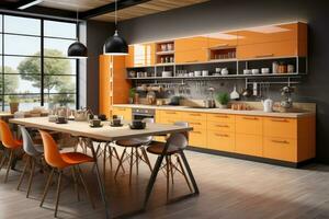 moderno cozinha decorado madeira e laranja tema ai gerado foto