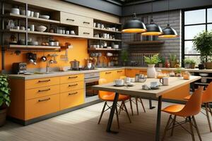 moderno cozinha decorado madeira e laranja tema ai gerado foto