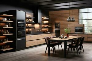 moderno cozinha decorado madeira e Preto tema ai gerado foto