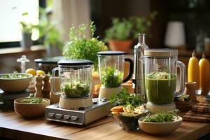 cozinha eletrodomésticos estão arranjado em a mesa ai gerado foto