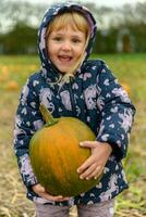 fofa pequeno sorridente menina carregando uma verde e laranja abóbora foto