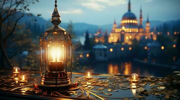 iluminado minarete simboliza espiritualidade dentro famoso azul mesquita ai generativo foto