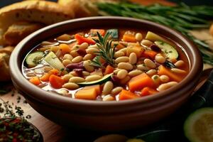 fotos do vegetariano Sopa grossa de vegetais e macarrão dentro interior cozinha mesa foto estúdio ai gerado