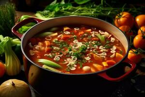 fotos do vegetariano Sopa grossa de vegetais e macarrão dentro interior cozinha mesa foto estúdio ai gerado