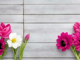 composição do botânico flores com uma de madeira fundo. ai generativo foto