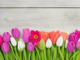 composição do botânico flores com uma de madeira fundo. ai generativo foto