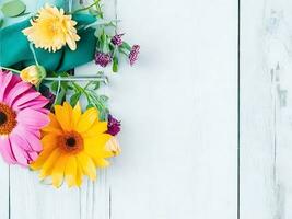 composição do botânico flores com uma de madeira fundo. ai generativo foto