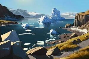 desenho animado natureza inverno ártico panorama com iceberg. neural rede ai gerado foto