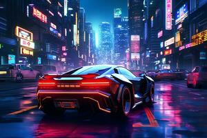 futuro carros dentro uma cyberpunk cidade com espumante néon luzes ai generativo foto