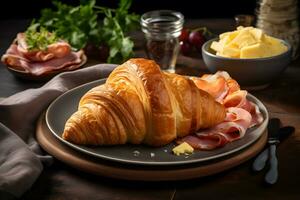 croissant com presunto e queijo em uma Sombrio fundo. neural rede ai gerado foto