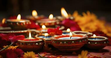 luminoso tradições - feliz diwali. tradicional indiano festival do claro. queimando diya óleo lâmpadas e flores generativo ai foto