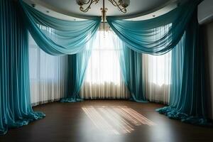 Casamento corredor com luxuoso azul cortinas. neural rede ai gerado foto