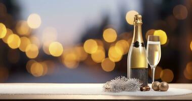 Novo anos champanhe e a esplendor do Natal. brindar para a Novo ano com uma pano de fundo do festivo luzes. generativo ai foto