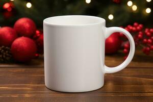 uma branco caneca brincar com Natal fundo generativo ai foto