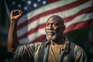 patriótico americano homem levanta punho e bandeira dentro unidade, ai generativo foto