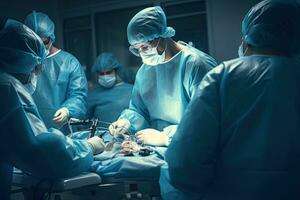 grupo do veterinário cirurgia dentro Operação quarto levar com arte iluminação e azul filtro, médico equipe realizando cirúrgico Operação dentro moderno operativo sala, ai gerado foto
