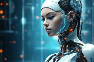 cyborg mulher dentro frente do futurista fundo. 3d Renderização, moderno ai robô fechar acima Visão retrato em uma digital fundo, ai gerado foto