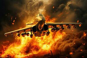 avião dentro a fogo. 3d ilustração. elementos do isto imagem mobiliado de nasa, militares jato em fogo, ai gerado foto