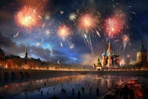 fogos de artifício sobre a Moscou kremlin e st. manjericão catedral, Rússia, Moscou fogos de artifício, ai gerado foto