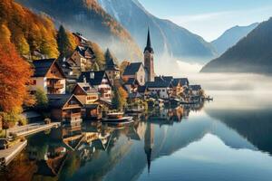 Hallstatt Vila em hallstatter Vejo lago dentro outono, Áustria, enevoado outono cena do Hallstatt lago. esplêndido manhã viver do Hallstatt Vila, ai gerado foto