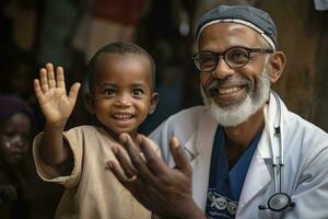 retrato do uma sorridente afro-americano médico e dele pequeno paciente, médico acenando com uma pequeno criança e sorridente, ai gerado foto