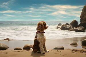 Cocker spaniel sentado em a de praia com ondas dentro a fundo, cachorro em a praia, ai gerado foto