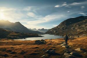 caminhante dentro a montanhas às nascer do sol. caminhada dentro Noruega, abraço a arte do elegante letras dentro a encantador mundo do caligrafia estilo, ai gerado foto