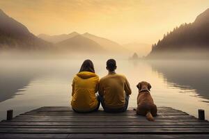 casal sentado em uma cais e olhando às uma lago às nascer do sol, família com uma pequeno amarelo cachorro em repouso em uma cais e olhando às lago e nebuloso montanhas, ai gerado foto