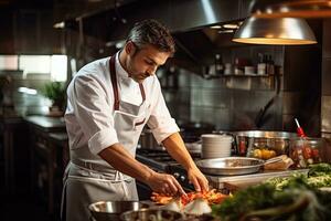 chefe de cozinha preparando Comida dentro a cozinha do uma restaurante ou hotel, gourmet chefe de cozinha cozinhando dentro uma comercial cozinha, ai gerado foto