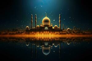 ilustração do mesquita com reflexão dentro a água. Ramadã kareem fundo, ilustração do mesquita com lua e reflexão dentro água. Ramadã kareem fundo, ai gerado foto