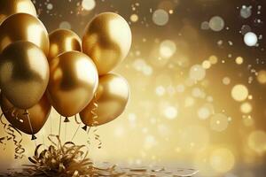 dourado balões com confete e fitas em bokeh fundo, dourado balões com fitas e confete em bokeh fundo, ai gerado foto