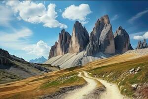 panorâmico Visão do tre cime di lavaredo dentro dolomitas, Itália, famoso italiano nacional parque tre cime di lavaredo. dolomitas, sul tirol. Auronzo, ai gerado foto