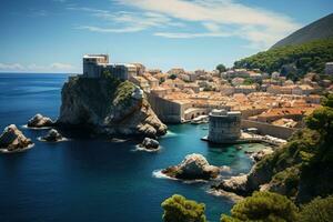 dubrovnik velho cidade, Croácia. panorâmico visualizar, geral Visão do dubrovnik - fortalezas lovrijenac e bokar visto, ai gerado foto