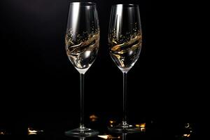 óculos do champanhe com salpicos em Preto fundo, fechar-se, luxuoso jardim pintura com elegante ao ar livre mobília, ai gerado foto