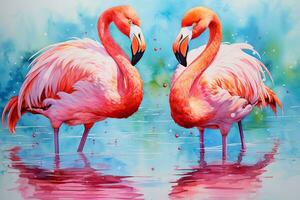 dois flamingos dentro a água, pintado com aquarelas, flamingos aguarela pintura, ai gerado foto