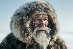 mais velho homem vestindo peludo casaco dentro tundra. gerar ai foto